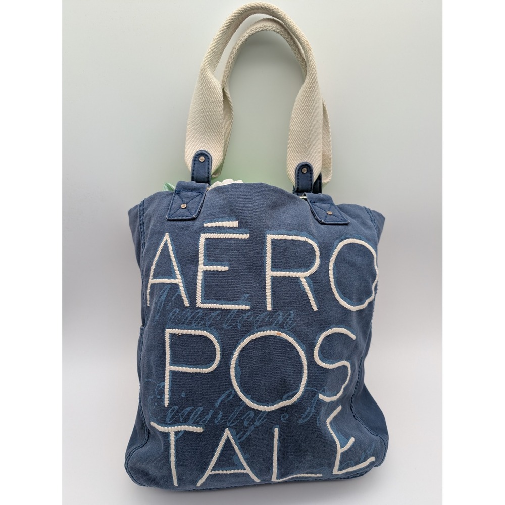 Aeropostale Blue Canvas Tote Bag Embroidered Logo Shoulder Bag Pockets
